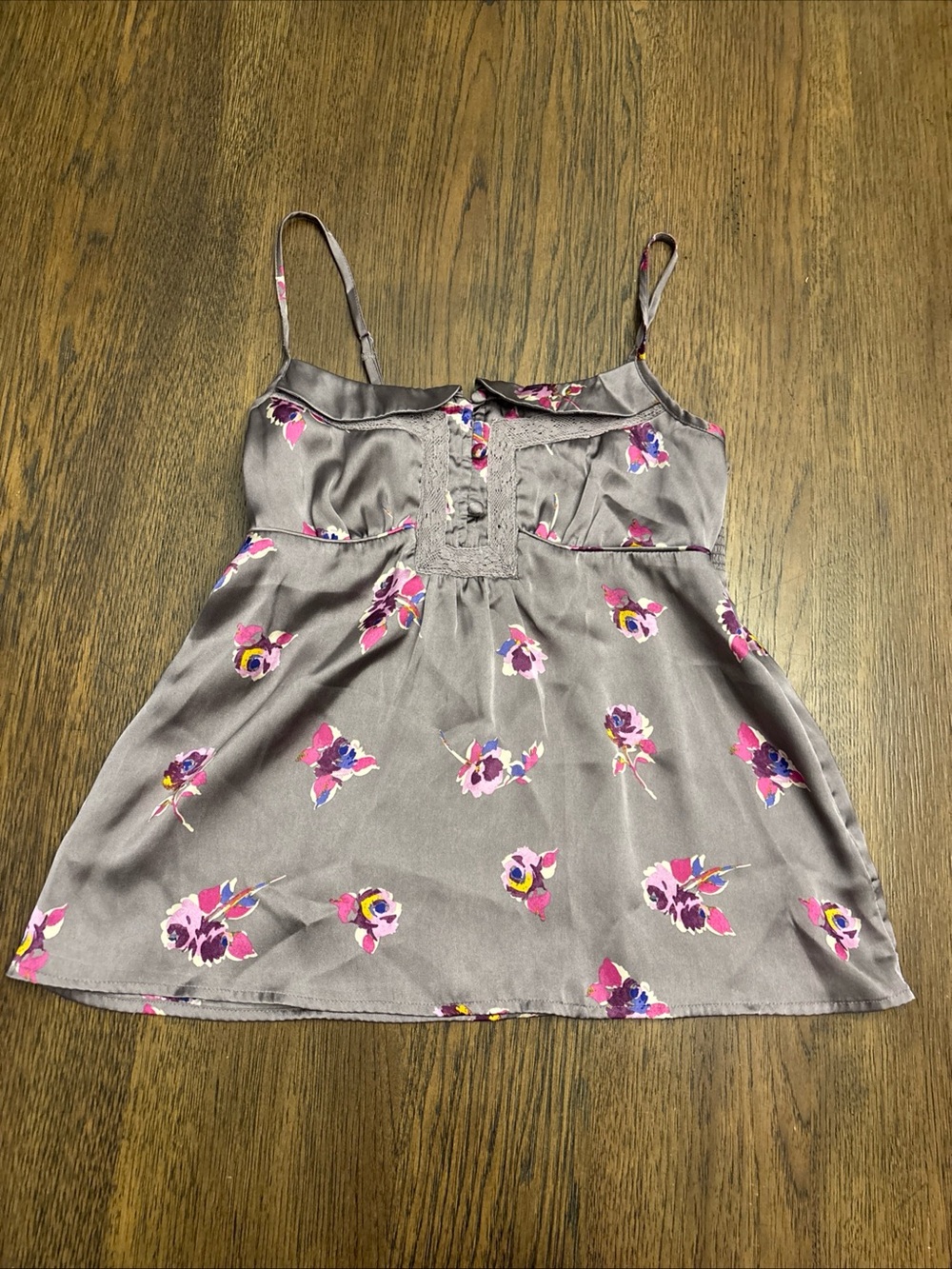 American Eagle Outfitters Gray Floral Satin Camisole with Pink Accents